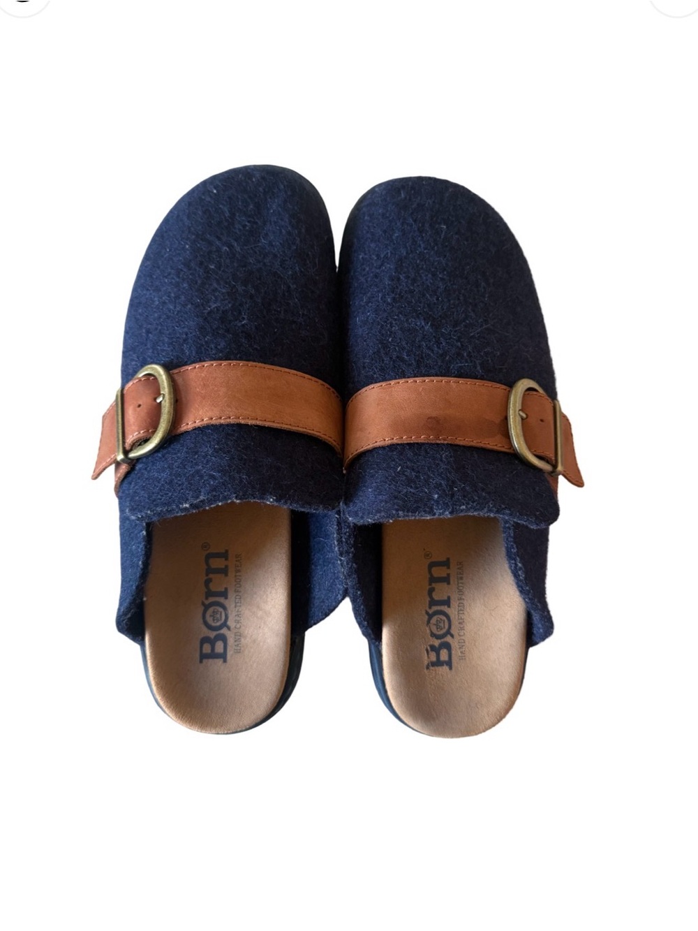 Born Womens Clogs Size 8 Navy Blue Wool Felt Brown Buckle Slip On Mules - Picture 3 of 5
